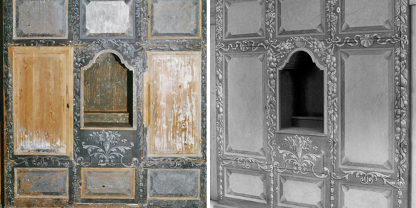 Wandkasten vor und nach Restaurierung